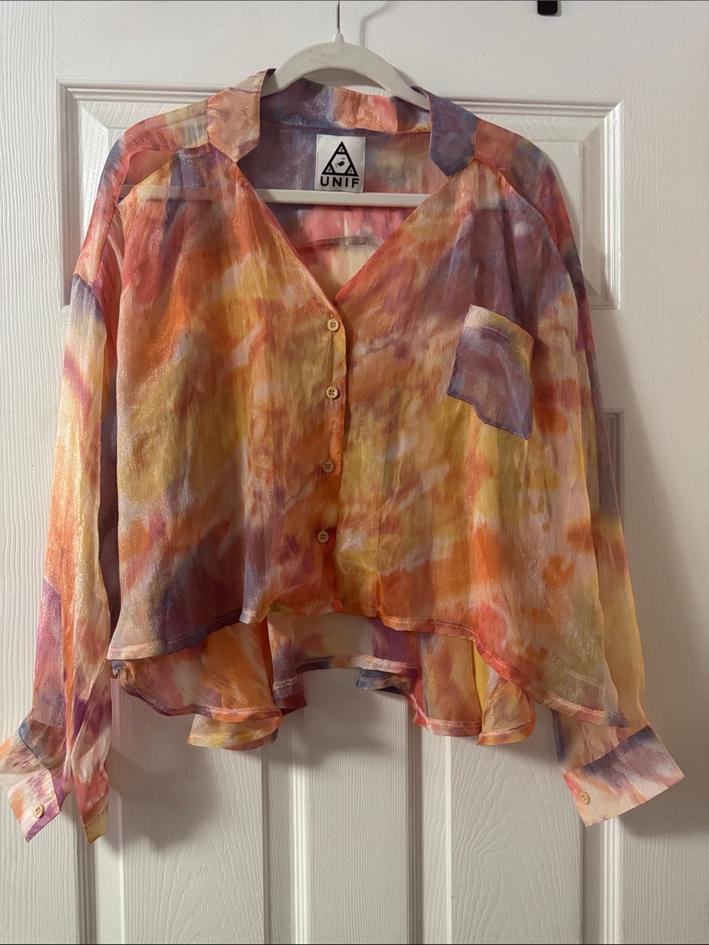 UNIF Lightweight Sheer Button-Up Blouse in Yellow, Orange & Purple Wash